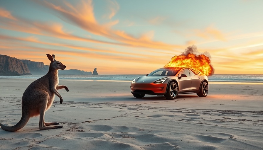 Surreal scene with kangaroos and burning Tesla Cybertruck on beach.