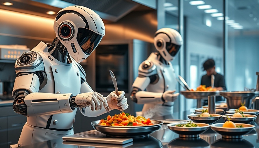 Futuristic robot chefs in a high-tech kitchen preparing gourmet dishes.