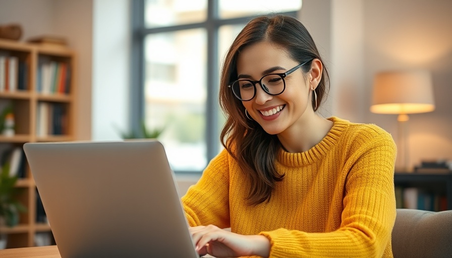 Woman in yellow sweater engaging with laptop, indoor setting.