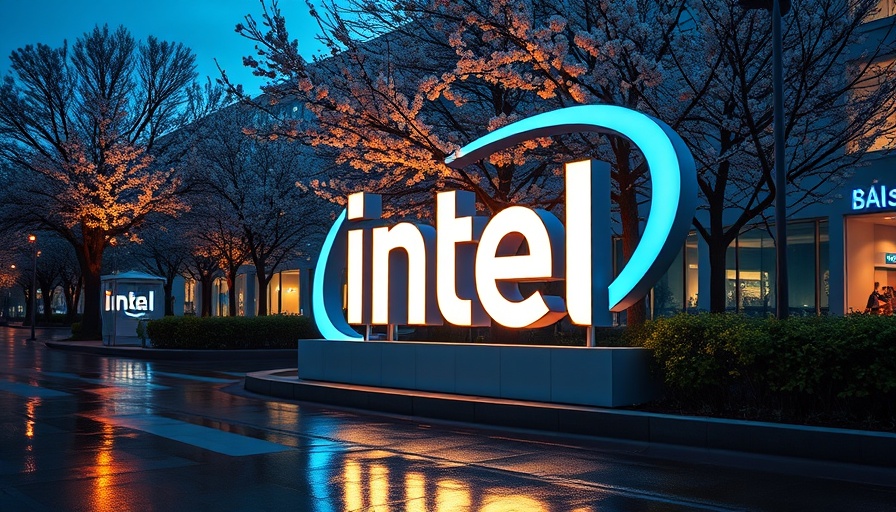 Intel sign and reflections at evening, semiconductor industry focus.