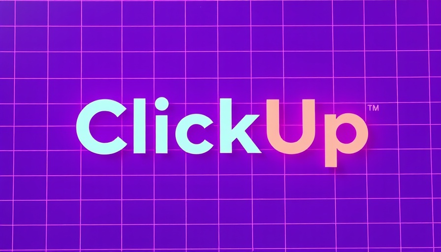 ClickUp project management automation vibrant logo on purple grid.