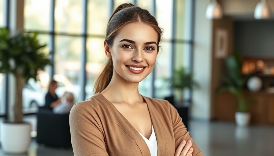 Confident woman promoting leadership program in modern setting.