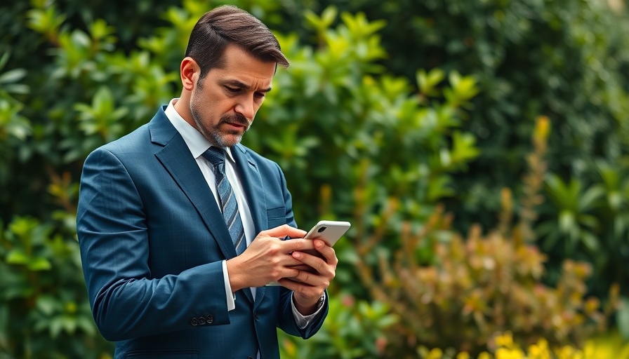 Businessman focused on smartphone outdoor in a garden, secure communication tools.