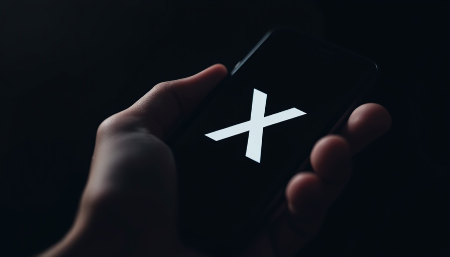 Close-up of hand holding phone with X logo, dark setting.