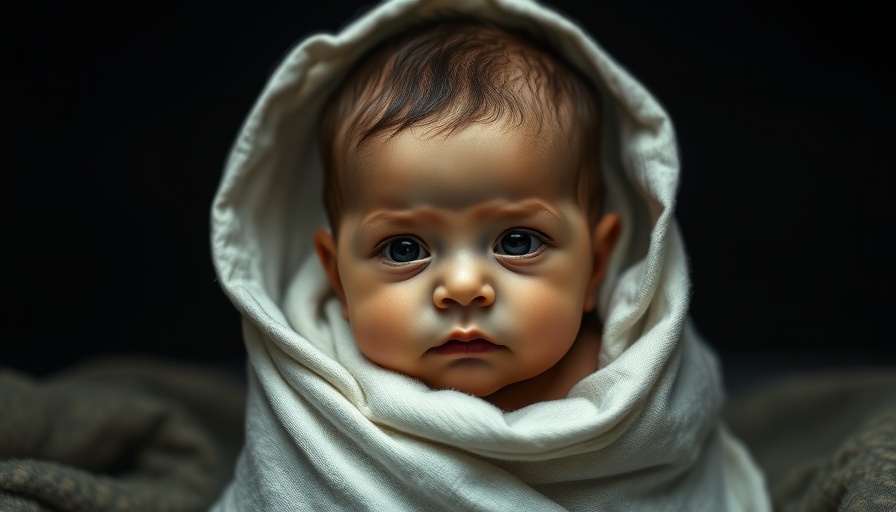 Dimly lit baby wrapped in white, looking forward
