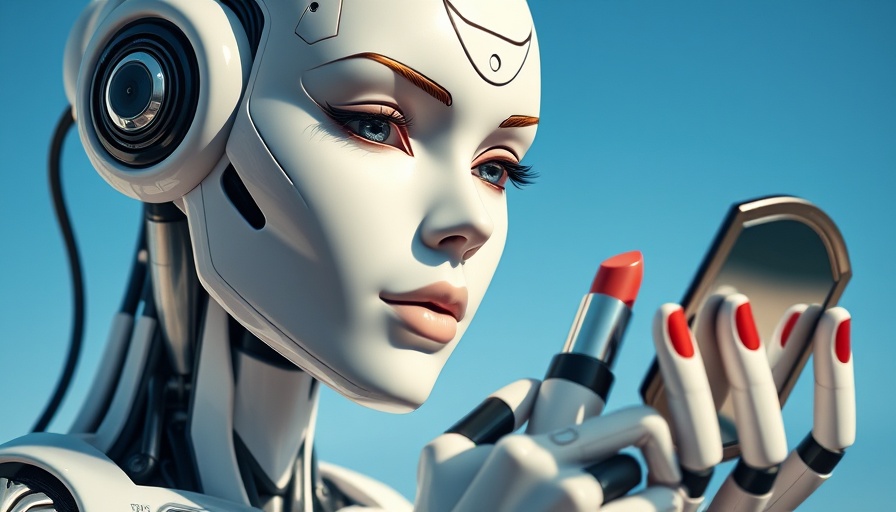 AI shopkeeper experiment robot applying makeup in blue sky.