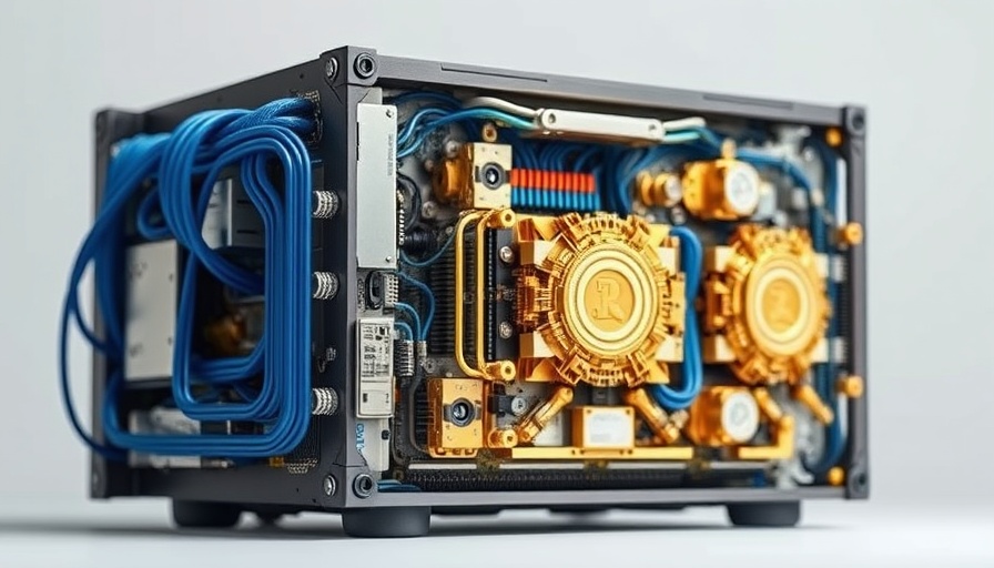 Quantum computer structure with gold and blue components.
