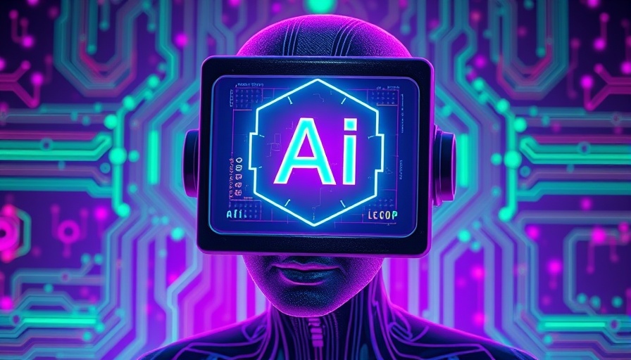 Surreal vintage computer head with AI logo and tech background