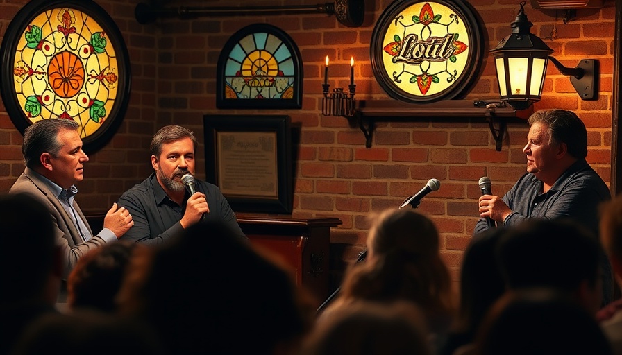 Lively discussion panel in a comedy club with vibrant atmosphere.