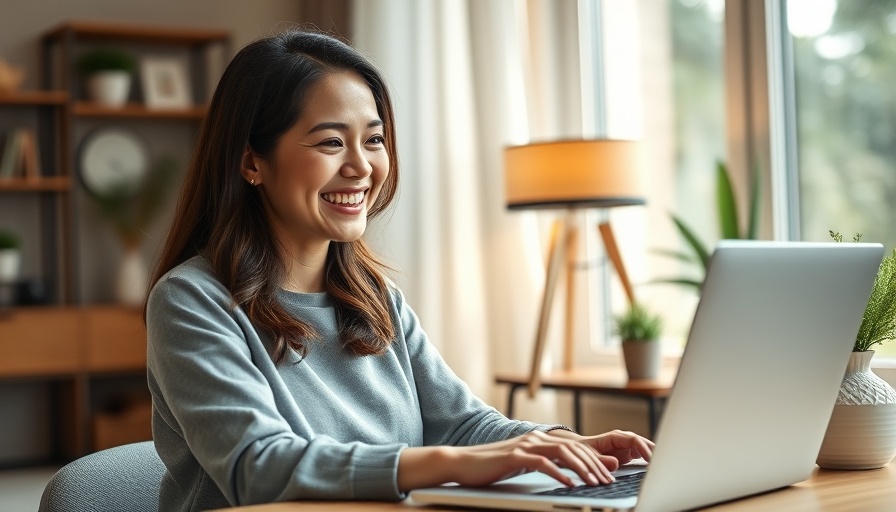 Four-day workweek benefits shown by a smiling woman using a laptop.