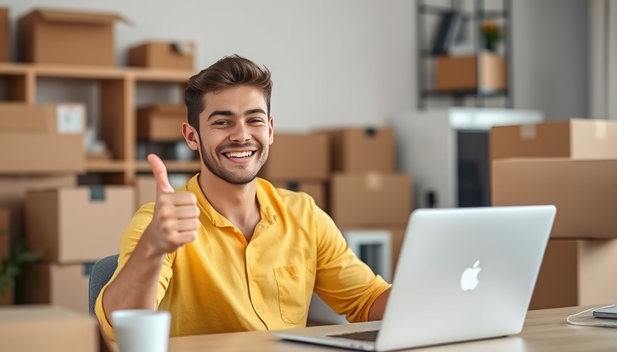 B2B Marketing Strategies: Young man with laptop and boxes in cozy office.