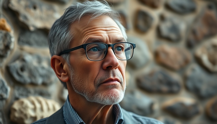 Man with glasses and dark shirt, thoughtful expression, stone background.