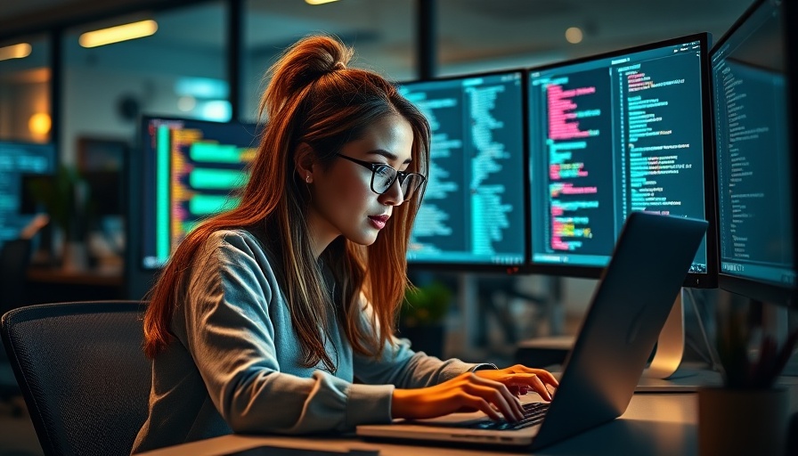 Woman developer merging SEO and content in a modern office.