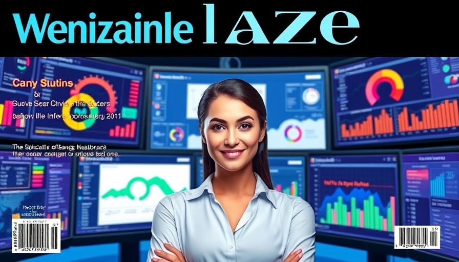 Confident woman on success magazine cover with digital dashboards.