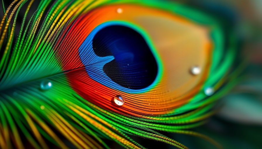 Colorful peacock feather close-up with dewdrops shining.