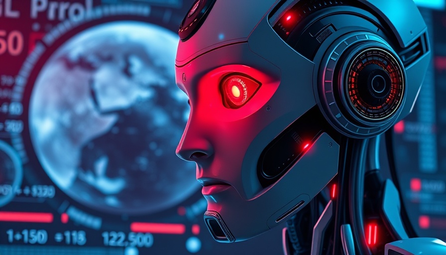 Futuristic robot analyzing digital data with equations and hologram.