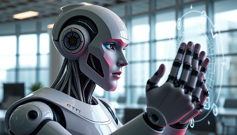 Humanoid robot in office using virtual network interface, illustrating AI integration