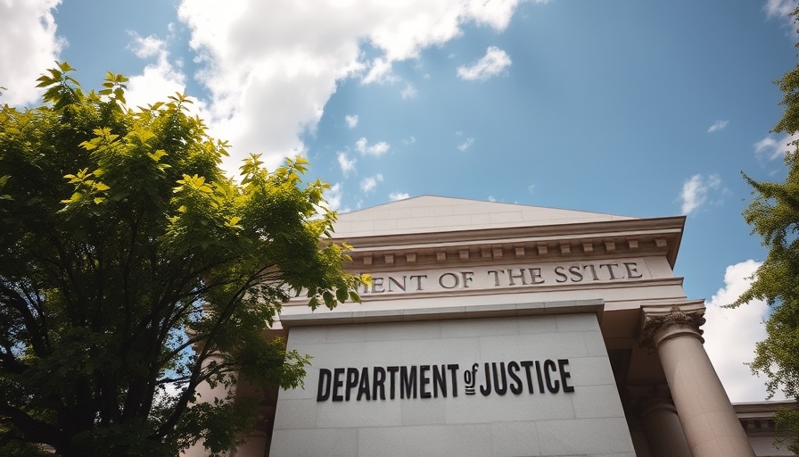 Department of Justice building with trees against a bright sky.