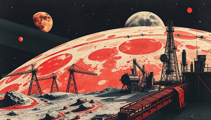 Collage with moon, reactor, and technical drawings, dynamic composition.