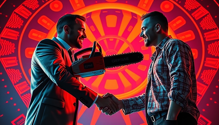 Surreal digital art of two men shaking hands with a chainsaw, vibrant geometric background.