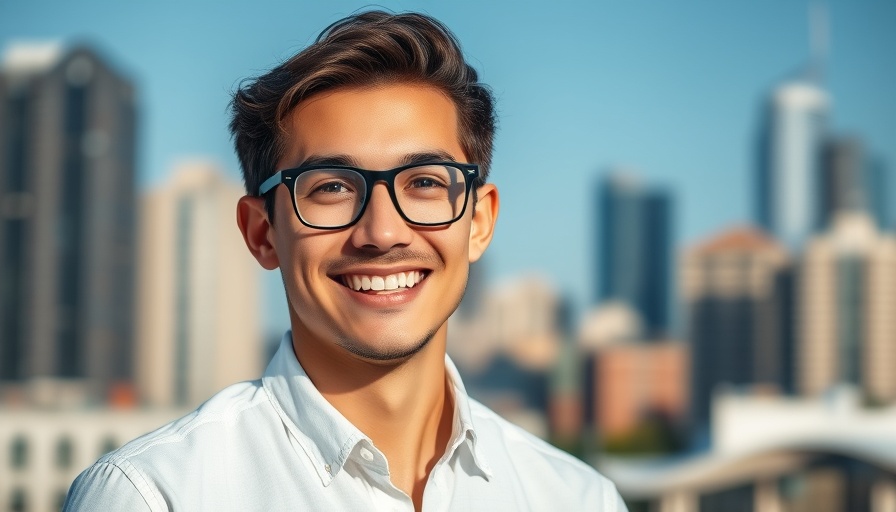 Smiling young man outdoors promoting financial success