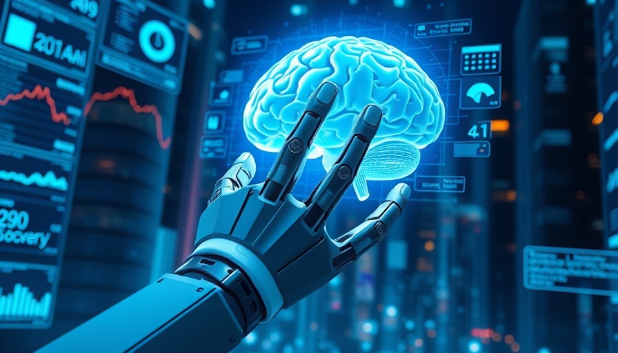 Futuristic robotic hand with digital brain and data screens.
