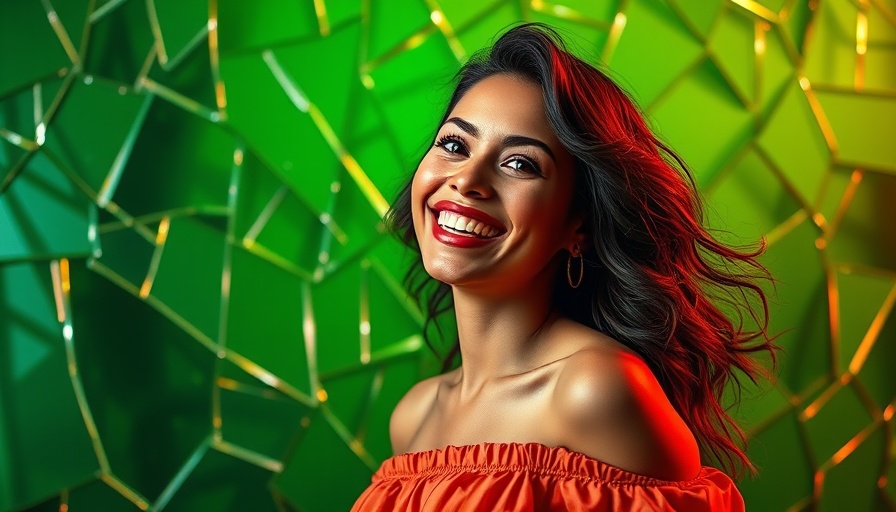 Vibrant woman smiling against abstract green background highlighting walking in nature benefits.