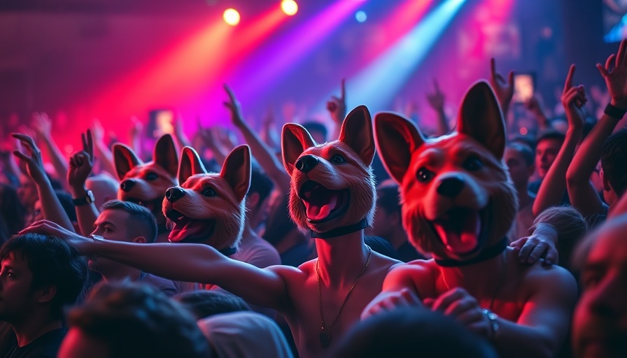 Lively concert crowd with dog masks enjoying an exciting performance.