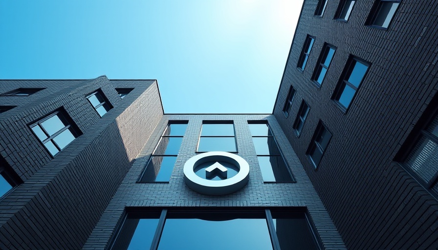 Upward view of modern building with prominent logo, customize AI podcast.