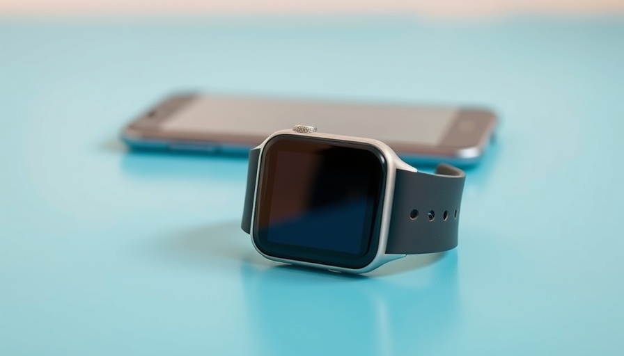 Modern fitness tracker and smartphone on a blue surface.