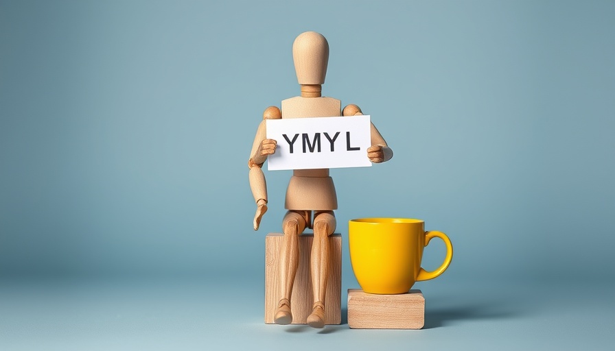 Wooden mannequin with YMYL sign next to yellow mug.