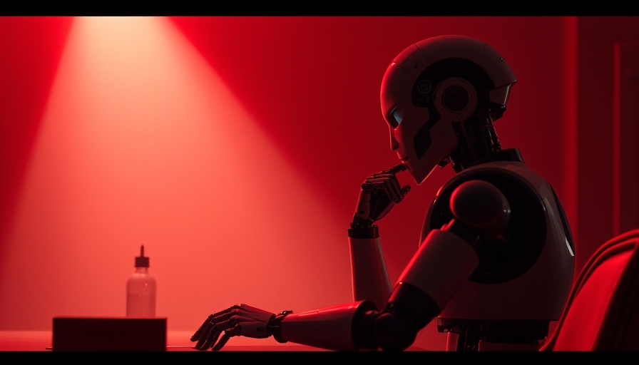 Humanoid robot contemplating AI hallucinations in red-lit room.