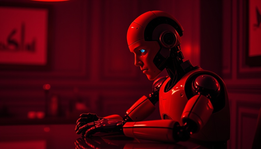 Humanoid robot contemplating at a red-lit table, symbolizing AI challenges.