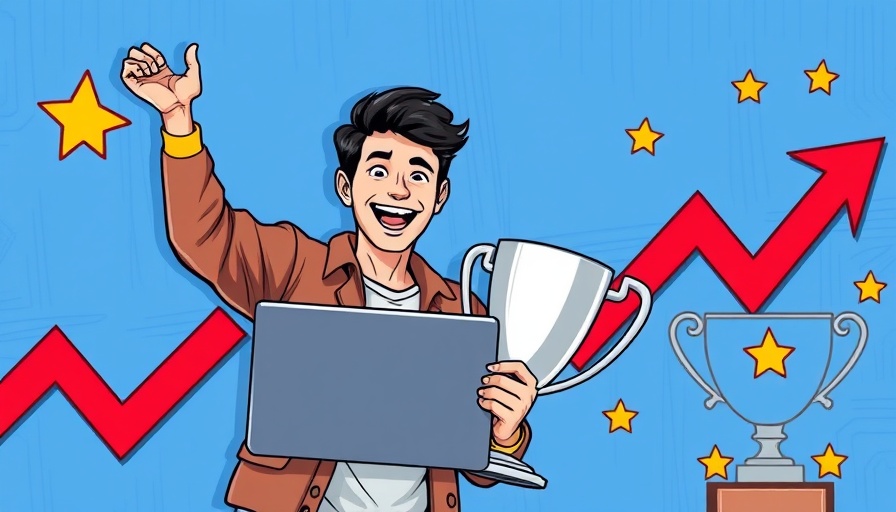 Google Search Console Achievements Report illustrated by a man with trophy.
