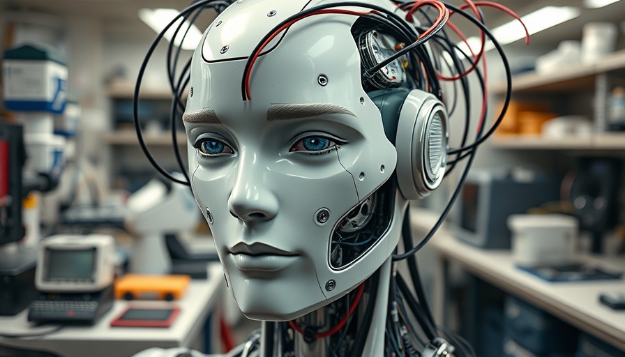 Lifelike robot head showing neutral facial expression in a lab.