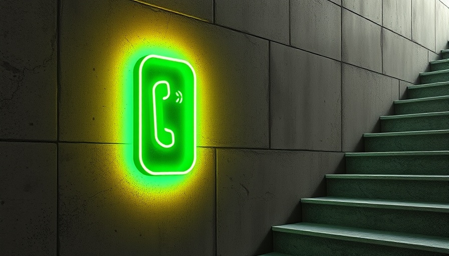 Neon phone icon on wall near stairs, representing app privacy.
