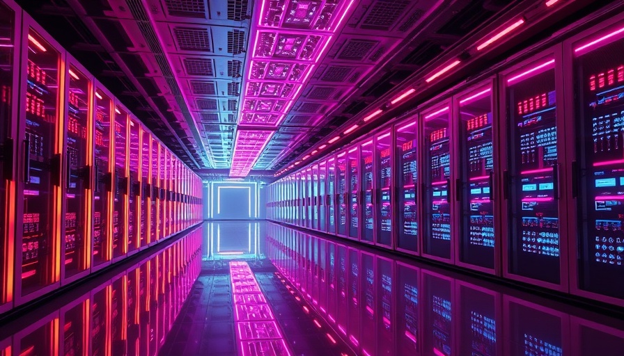 Futuristic data center with vibrant neon pink lights highlighting AI power usage.