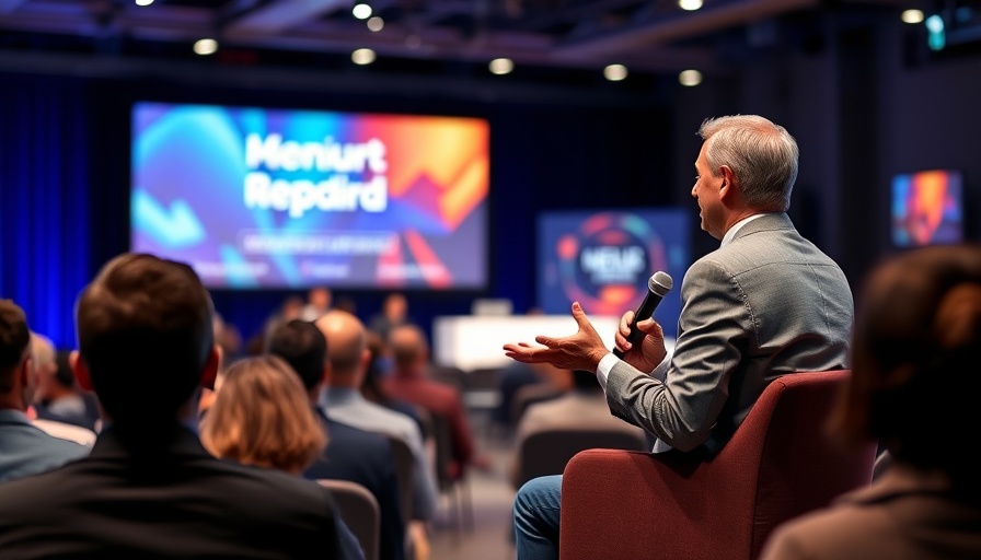 Professional speaker at enterprise software event, engaging audience.