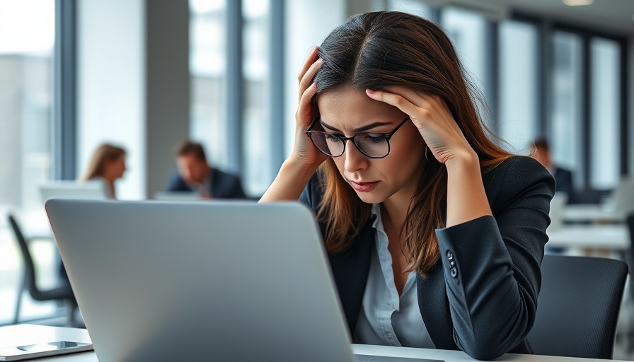 Stressed woman at desk in AI-generated workslop setting.
