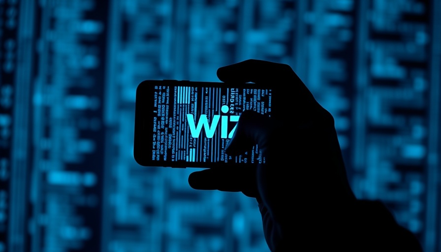 AI transforming cyberattacks with Wiz logo on phone, digital code background.