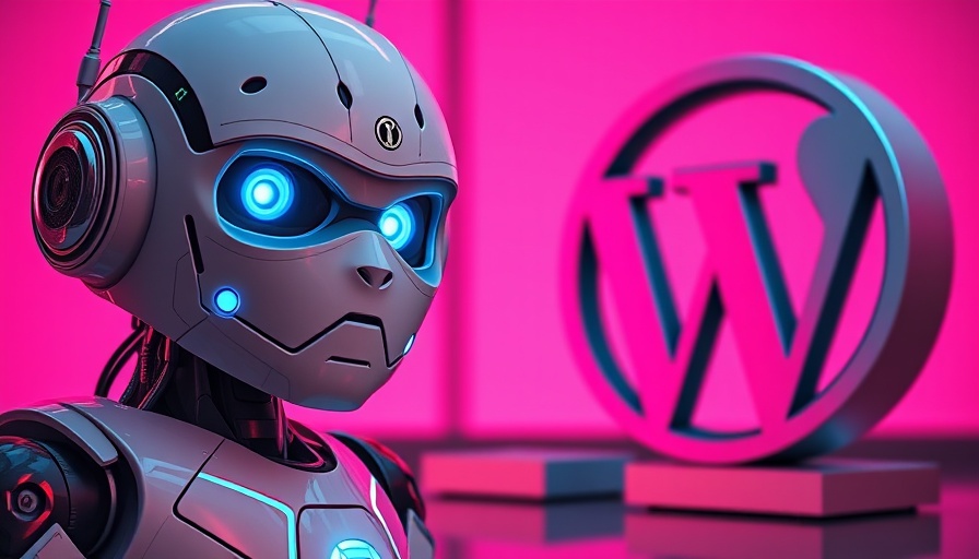 Futuristic robot with blue eyes next to WordPress logo, pink background.