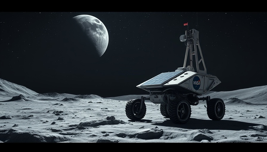 NASA rover exploring lunar surface with lander against starry sky.