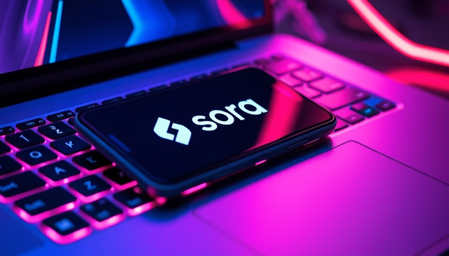 Sora app logo displayed on smartphone over keyboard, vibrant lighting