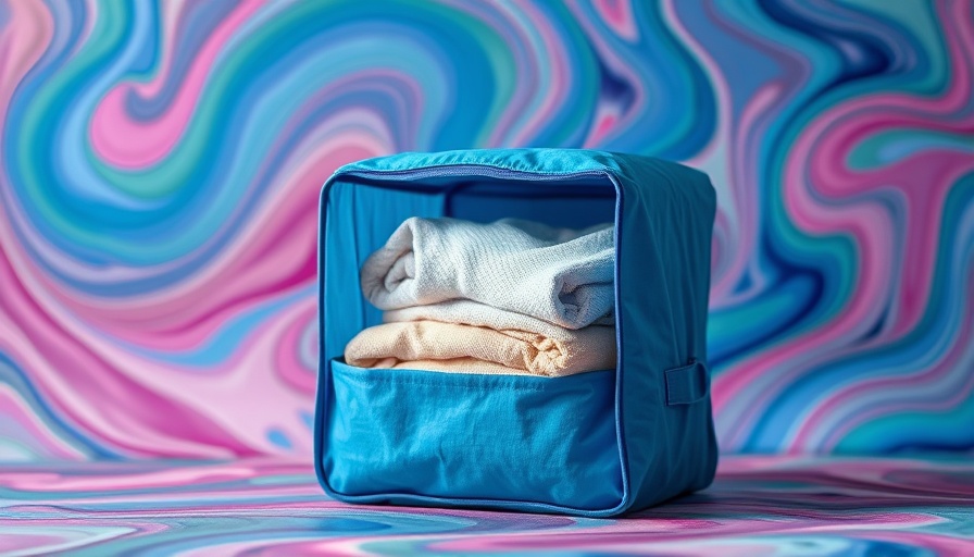 Blue packing cube with clothes against vibrant background.