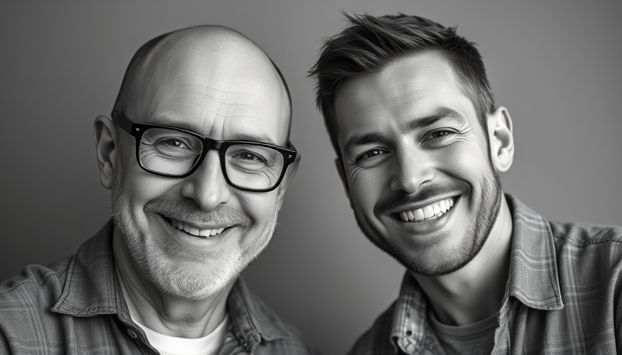 Monochrome portrait of two men expressing warmth.