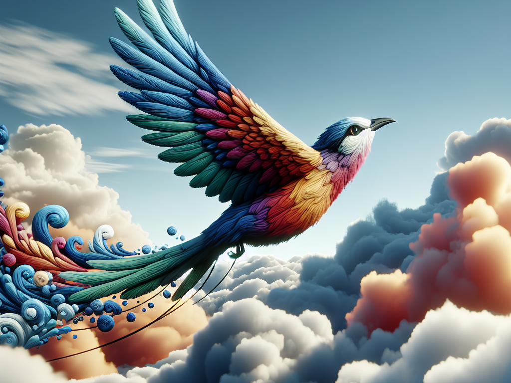 bird soaring high above the clouds, representing a successful brand identity and reaching new heights in social marketing. To represent the brand's uniqueness and individuality, the bird should have distinct and recognizable features, such as vibrant colors or unique patterns. The clouds should be fluffy and white, representing infinite possibilities and potential for the brand's growth in the digital world. The overall tone of the image should be uplifting and inspirational, evoking a sense of excitement and empowerment for viewers, a strategy to boost engagement on social media.