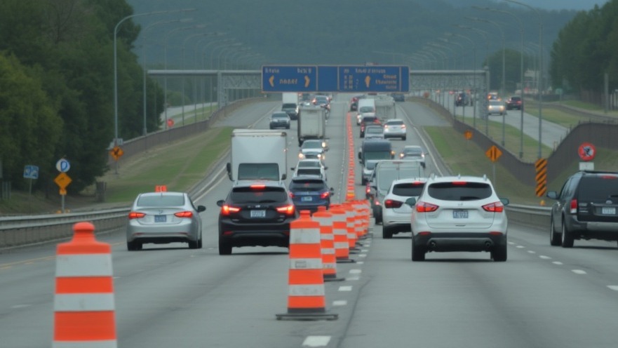 Highway construction in Dallas TX, with traffic backed up and orange cones.