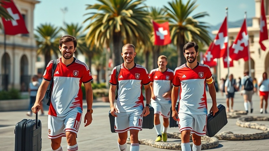 Swiss football team in plaza, ready for World Cup 2026, with snakes and palm trees.