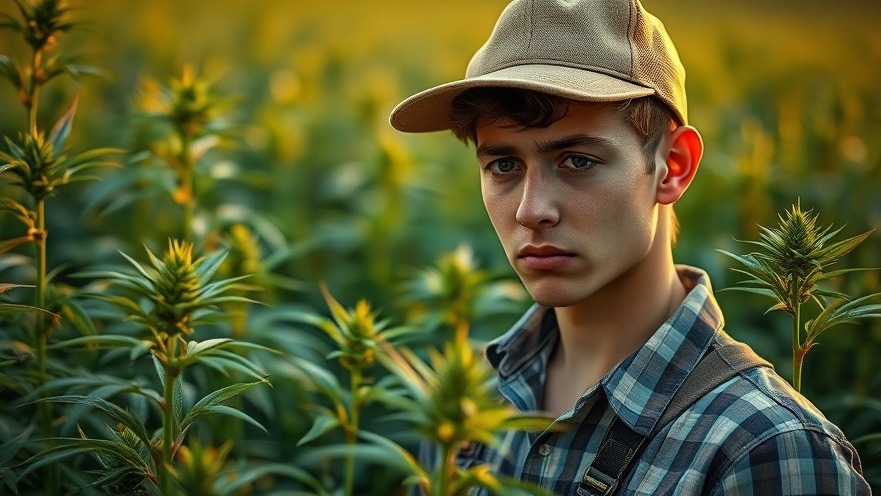 Concerned young hemp farmer examines plants under warm golden hour light in Texas.
