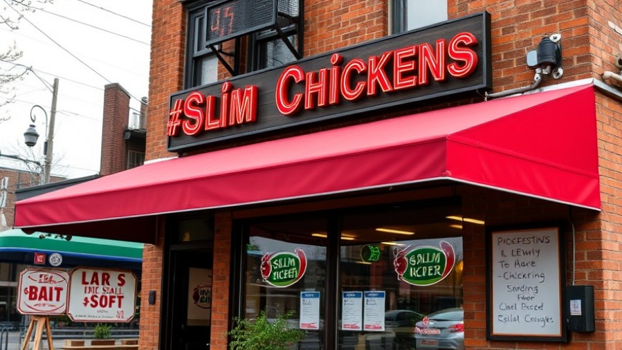 Sign for Slim Chickens, a popular spot among food trucks in Austin for gourmet hot dogs and craft cocktails.